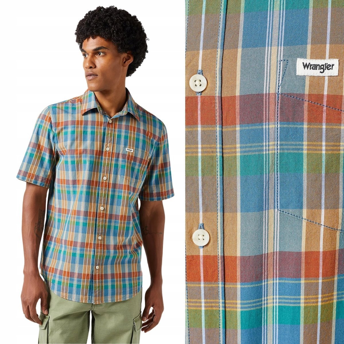 Wrangler 1 PKT SHIRT Tan Madaras BAWEŁNIANA KOSZULA W KRATĘ KRÓTKI RĘKAW M