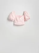 Bluzki damskie - Reserved - Krótka bluzka z bufiastymi rękawami - pastelowy róż - miniaturka - grafika 1