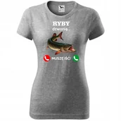 Koszulki i topy damskie - Damska Koszulka z Nadrukiem Ryby Dzwonią Muszę Iść Prezent dla Wędkarki ciemnoszary melanż S - miniaturka - grafika 1