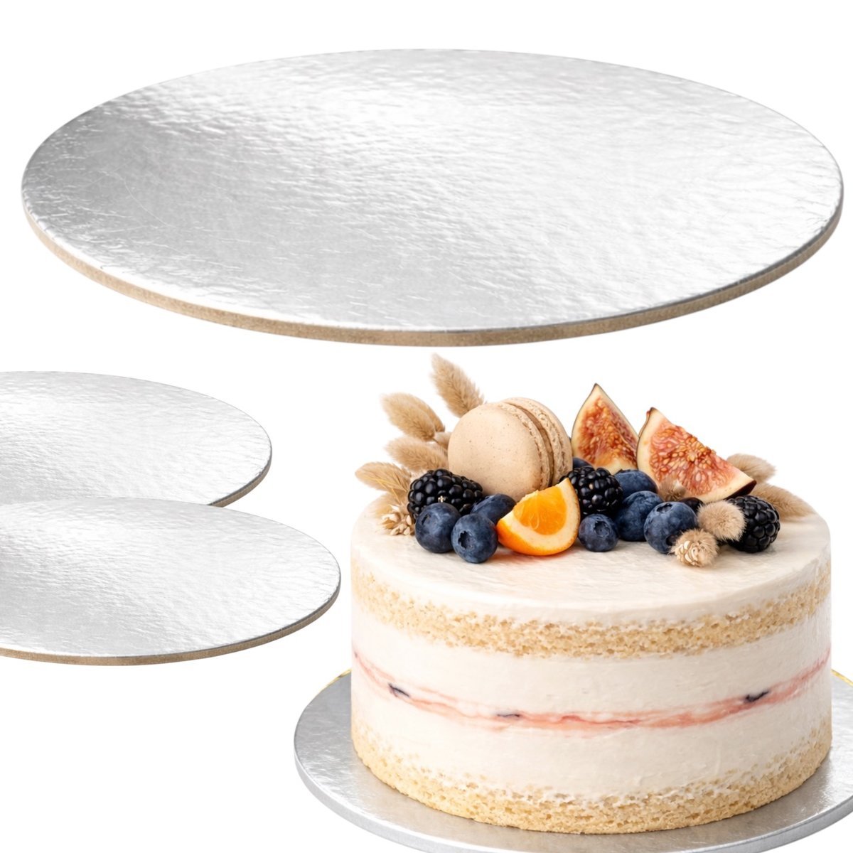 Okrągłe podkładki pod tort srebrne 20 cm 2 mm patera cukiernicza 2 sztuki