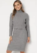 Komplety damskie - Szary Prążkowany Komplet z Wełną Golf i Dopasowana Sukienka Bez Rękawów Riasma - miniaturka - grafika 1