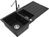 Zlewozmywaki z baterią - Mexen Andres zlewozmywak granitowy 1,5-komorowy z ociekaczem i baterią kuchenną Flora, czarny - 6515-77-670401-00 - miniaturka - grafika 1