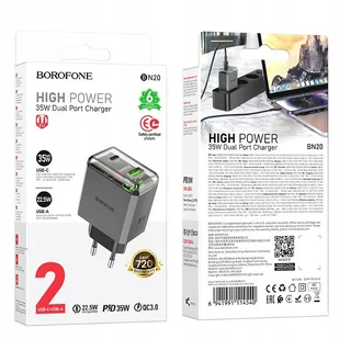 Borofone Ładowarka Sieciowa Bn20 Lena - Usb + Typ C - Pd 35W Szara - Ładowarki do telefonów Borofone Ładowarka Sieciowa Bn20 Lena - Usb + Typ C - Pd 35W Szara - Ładowarki do telefonów - miniaturka - grafika 1