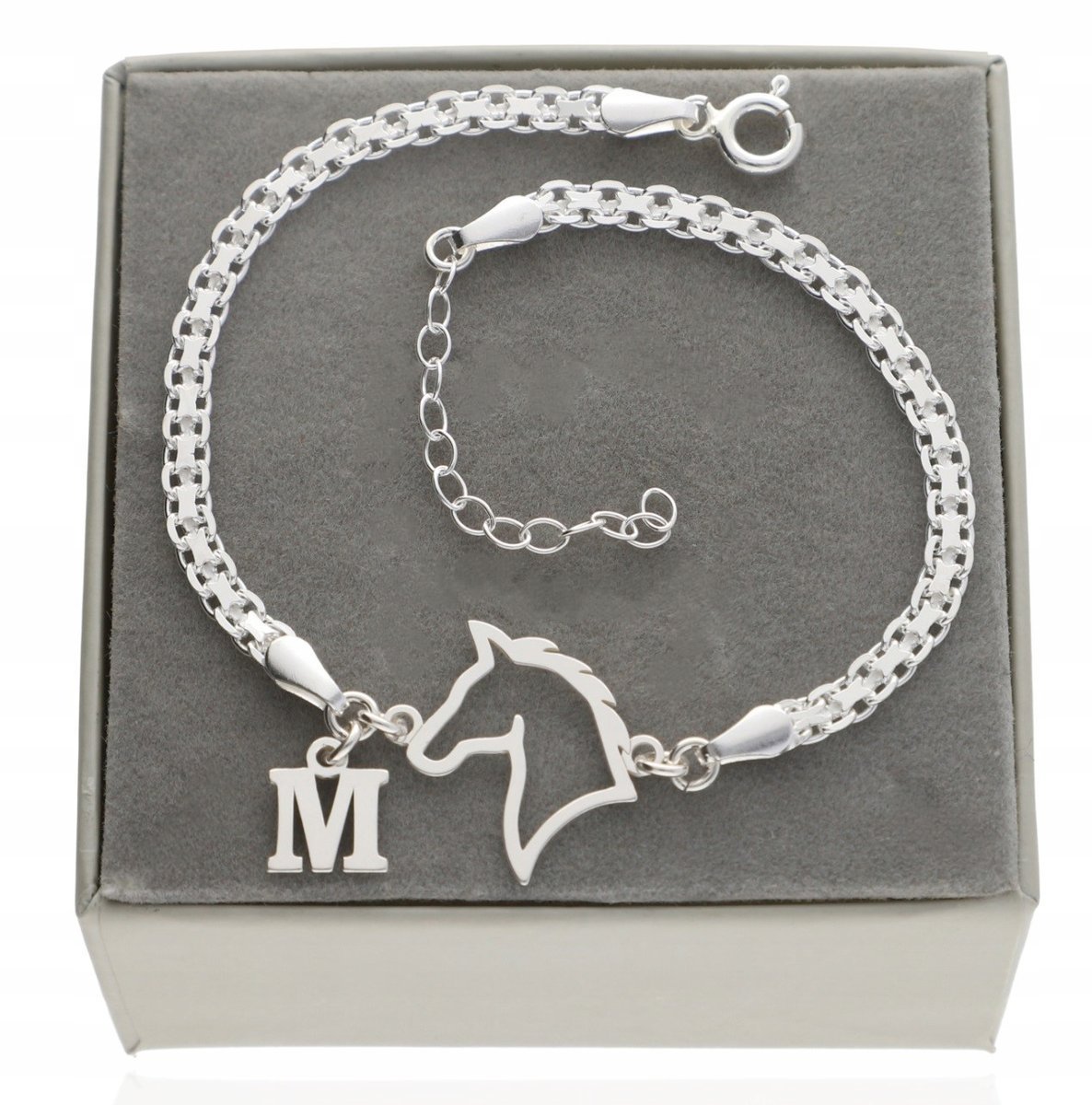 Srebrna szeroka bransoletka koń konik głowa i LITERKA PUDEŁKO SREBRO 925