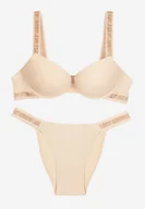 Komplety bielizny - Beżowy Komplet Ozdobiony Napisami z Biustonoszem z Efektem Push-Up i Majtkami Bralicia - miniaturka - grafika 1
