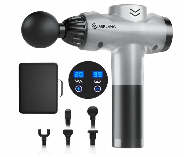 Pistolet do masażu AERLANG – głęboki masaż mięśni- 6 głowic SZARY masażer