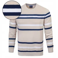 Swetry męskie - Elegancki SWETER Męski BEŻOWY w PASKI Klasyczny Bawełniany XL Pako Jeans - miniaturka - grafika 1
