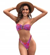 Stroje kąpielowe - Dwuczęściowy strój kąpielowy bandeau kwiatki bez ramiączek fiolet S - miniaturka - grafika 1