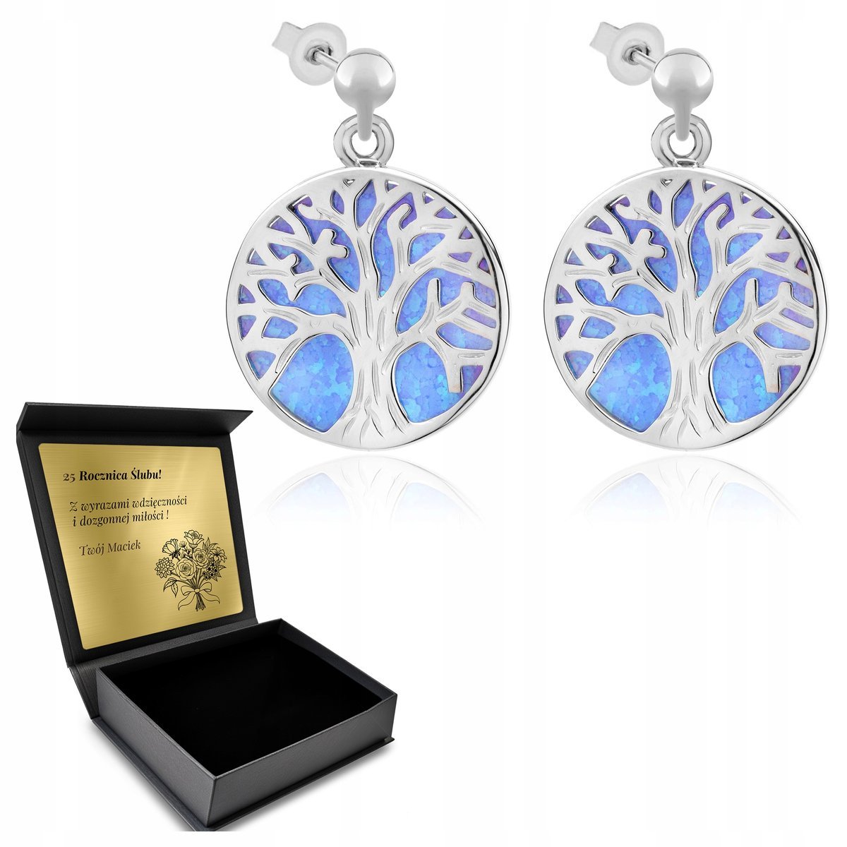 Kolczyki Srebrne 925 Drzewo Życia Opal Biżuteria Dla Kobiety Grawer