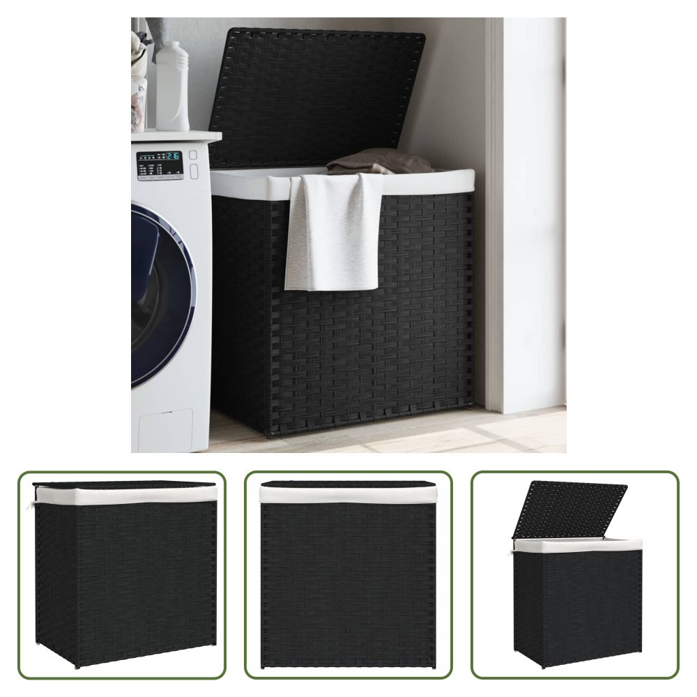 The Living Store Kosz na pranie z 2 przegrodami Czarny 53x35x57 cm Poly Rattan