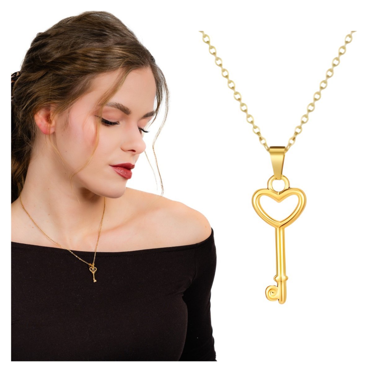 Naszyjnik Złoty z Zawieszką Klucz Serce Stal Chirurgiczna 316 Pozłacany 18k