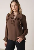 Bluzki damskie - Brązowa Romantyczna Bluzka z Falbankami i Wiązaniem przy Dekolcie Zeaniyana - miniaturka - grafika 1