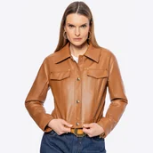 Kurtki damskie - Damska kurtka ze skóry ekologicznej z patkami brązowa - miniaturka - grafika 1