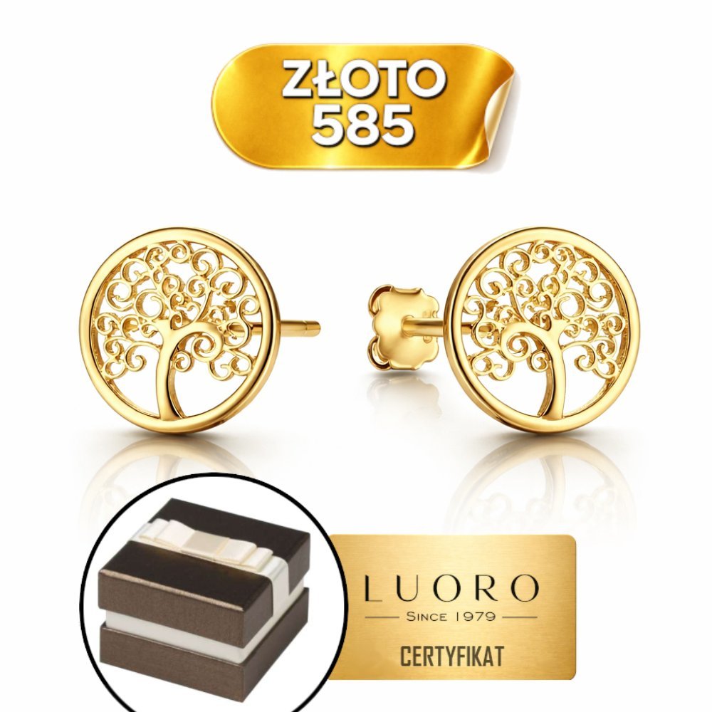 KOLCZYKI ZŁOTE 585 14K DRZEWKO SZCZĘŚCIA W KÓŁECZKU 8,6 MM SZTYFT