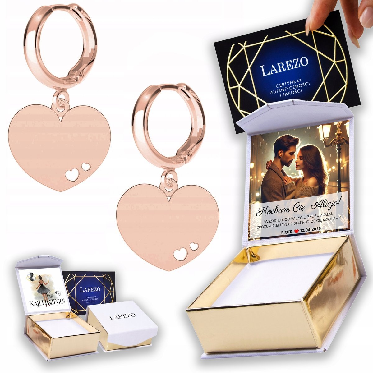 Kolczyki Pozłacane 925 Serca Serduszka Blaszka Heart Serduszko Love NADRUK