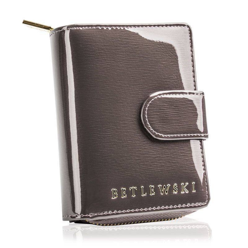 Elegancki szary portfel damski ze skóry lakierowany