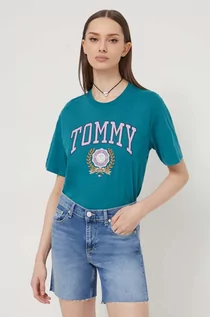 Koszulki sportowe damskie - Tommy Jeans t-shirt bawełniany damski kolor zielony - grafika 1