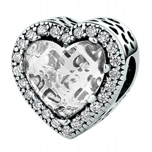 Charms Srebrny Biały Kamień Serce z Cyrkoniami Kryształowy SREBRO 925