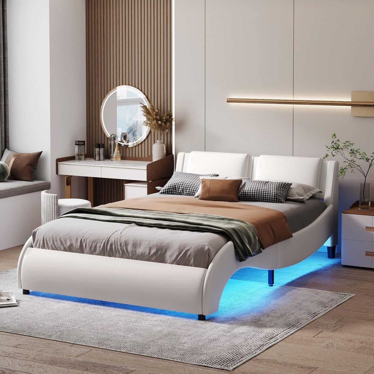 Łóżko tapicerowane Fortuna Lai 140 x 200 cm z oświetleniem LED, stelażem listwowym, zagłówkiem i imitacją skóry - łóżko młodzieżowe rama łóżka łóżko podwójne - biały