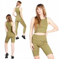 Legginsy - Komplet bawełniany damski oliwkowy top legginsy długie legginsy krótkie XL - miniaturka - grafika 1