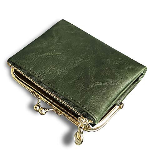 Aoxonel Portfel damski mały RFID, kompaktowy, składany w pół, skórzany, vintage, portmonetka na monety z zamkiem błyskawicznym i zapięciem typu bigiel., ZIELONY, Small, Vintage