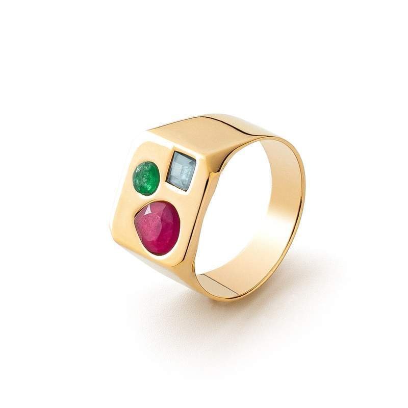 Kwadratowy pierścionek sygnet damski z kolorowymi kamieniami : ROZMIAR PIERŚCIONKA - 11UK:L Φ16,00 MM, Srebro - kolor pokrycia - Pokrycie żółtym..