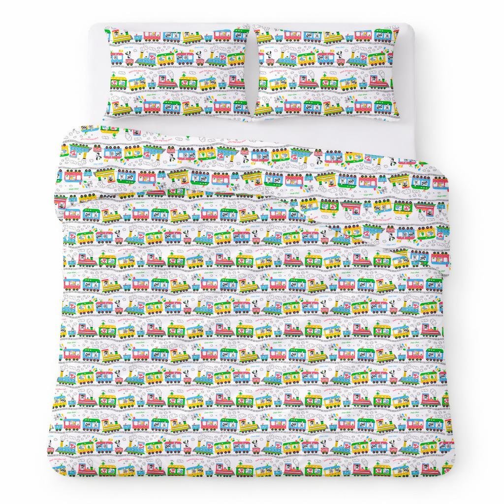 Pościel bawełniana 160x200 biała w kolorowe pociągi, dziecięcy nowoczesny - COTTON HOME KIDS