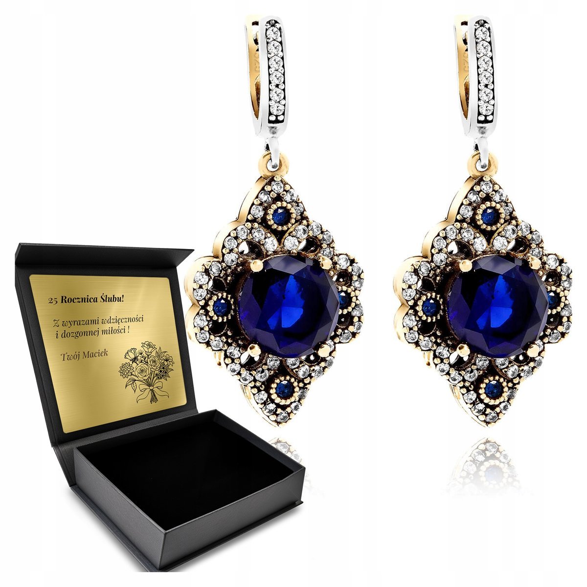 Kolczyki Srebrne 925 Cyrkonie Szafir Biżuteria Dla Kobiety + Grawer