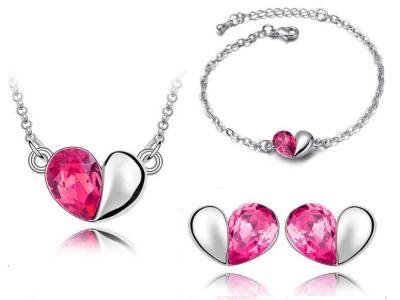 Komplet Biżuterii Różowe Serca Cyrkonie