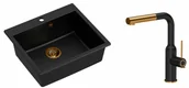 Zlewozmywaki z baterią - Quadron Zlewozmywak granitowy jednokomorowy 57*50*22 cm MORGAN 110 PURE CARBON czarny z miedzianym odpływem z baterią ANGELINA Q LINE PURE CARBON z wyciąganą wylewką kolor czarny mat/wykończenie miedź - miniaturka - grafika 1