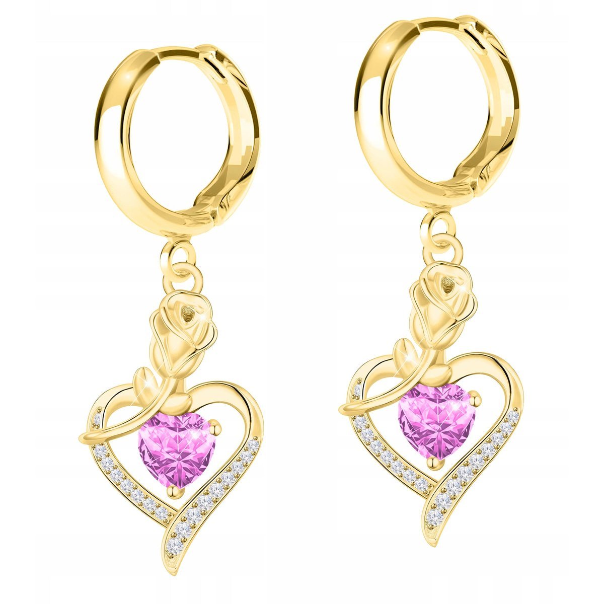 Złote Kolczyki Serca z Różami Kwiaty Różowe Cyrkonie Róże SREBRO 925