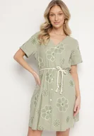 Sukienki - Jasnozielona Sukienka w Stylu Boho w Haftowane Kwiaty ze Sznurkiem Evionis - miniaturka - grafika 1
