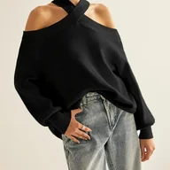 Swetry damskie - TEMU Elegancki sweter damski z odkrytymi ramionami i dekoltem w serek - Długi rękaw, jednolity biały , prążkowana tekstura, casualowy szyk dla - miniaturka - grafika 1