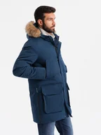 Kurtki męskie - Długa ocieplana męska kurtka parka granatowa V5 OM-JALJ-0184 S - miniaturka - grafika 1