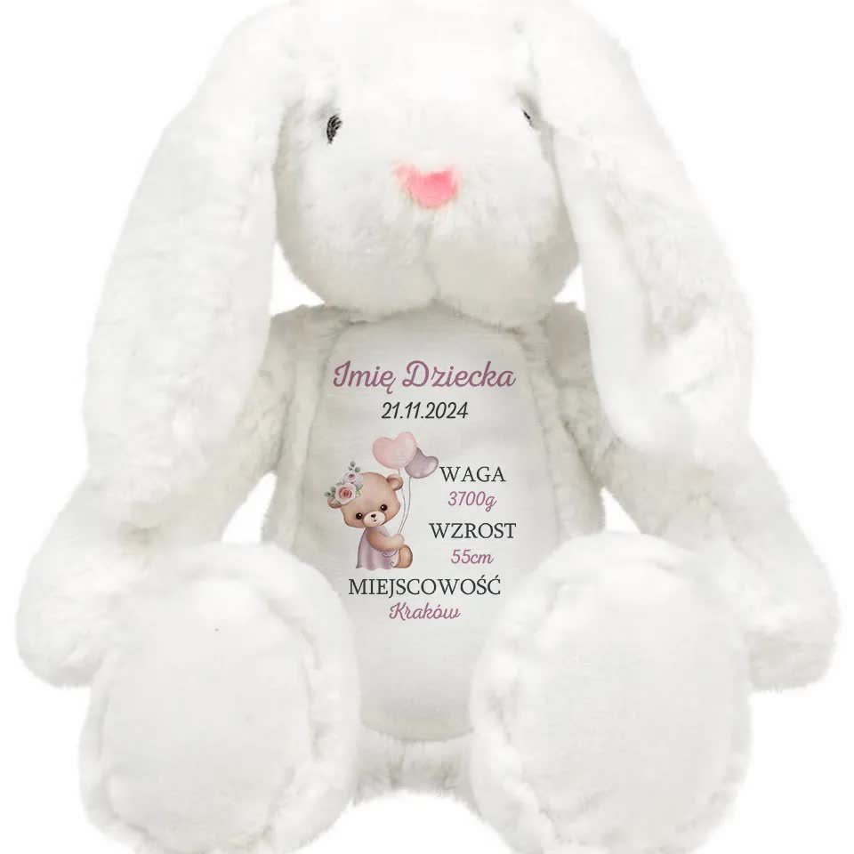 KRÓLICZEK PRZYTULANKA Dla Dziecka Personalizwoane DATA URODZENIA Różowe Wz