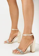 Sandały damskie - Beżowe Sandały na Słupku z Paskiem z Cyrkonii Fisire - miniaturka - grafika 1