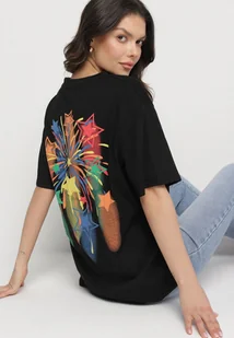 Czarny T-shirt Oversize z Kolorowym Napisem i Gwiazdkami Iloviela - Koszulki i topy damskie - miniaturka - grafika 1