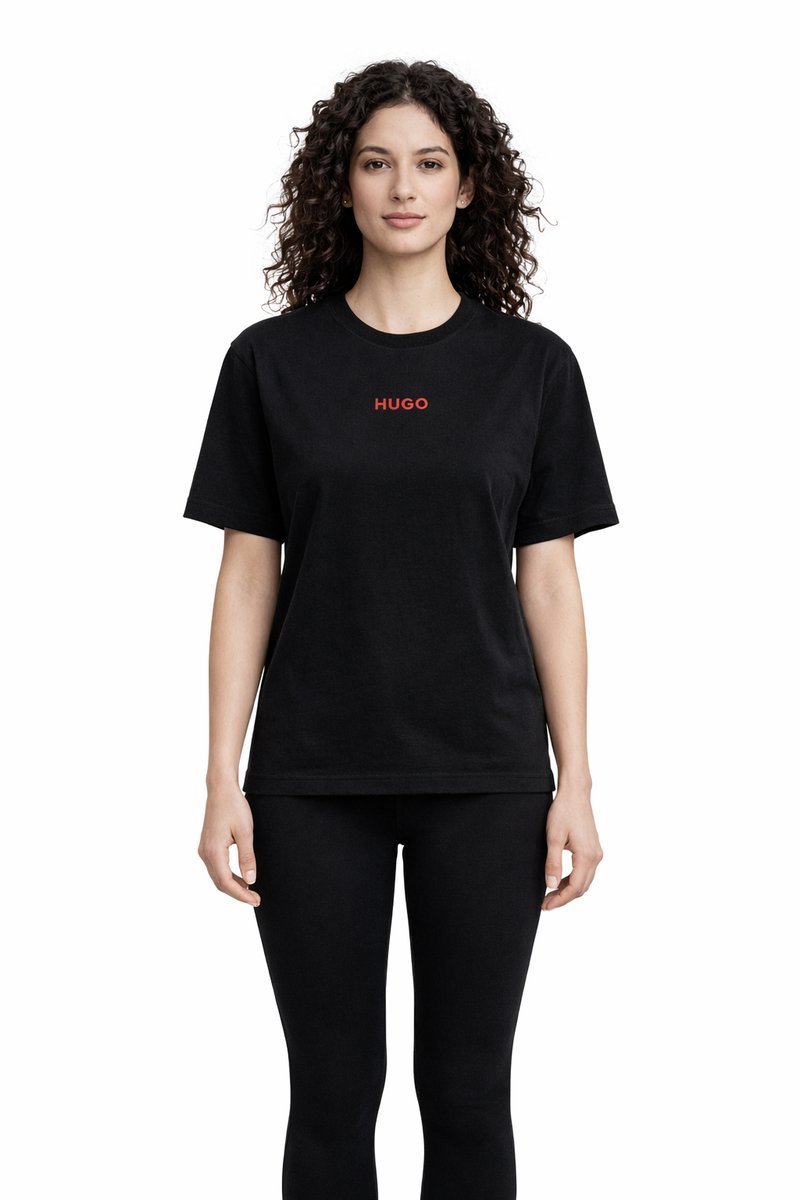 HUGO CZARNY T SHIRT Z CZERWONYM NADRUKIEM I OKRĄGŁYM DEKOLTEM XL I4A