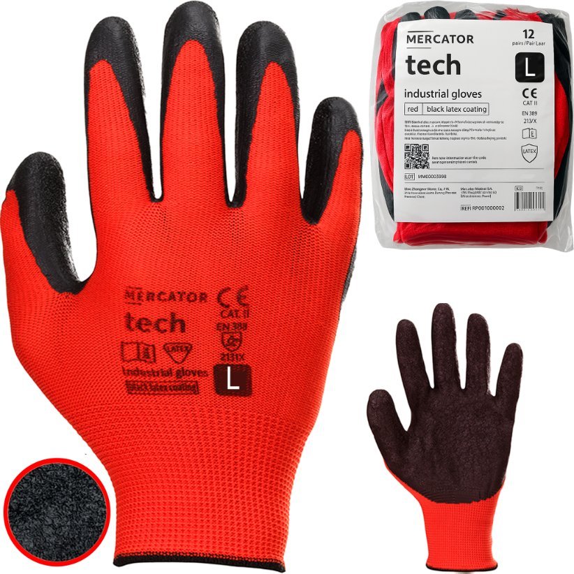 Rękawice Robocze MERCATOR Tech Red+Black Latex - L - 12 Par