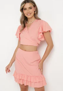 Różowy 2-Częściowy Komplet Top Wiązany pod Biustem Spódnica z Gumką w Talii z Falbankami Agustins - Komplety damskie - miniaturka - grafika 1