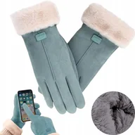 Rękawiczki - Rękawiczki Zimowe Damskie Dotykowe Ocieplane Z Futerkiem Zamszowe Turkusowe - miniaturka - grafika 1