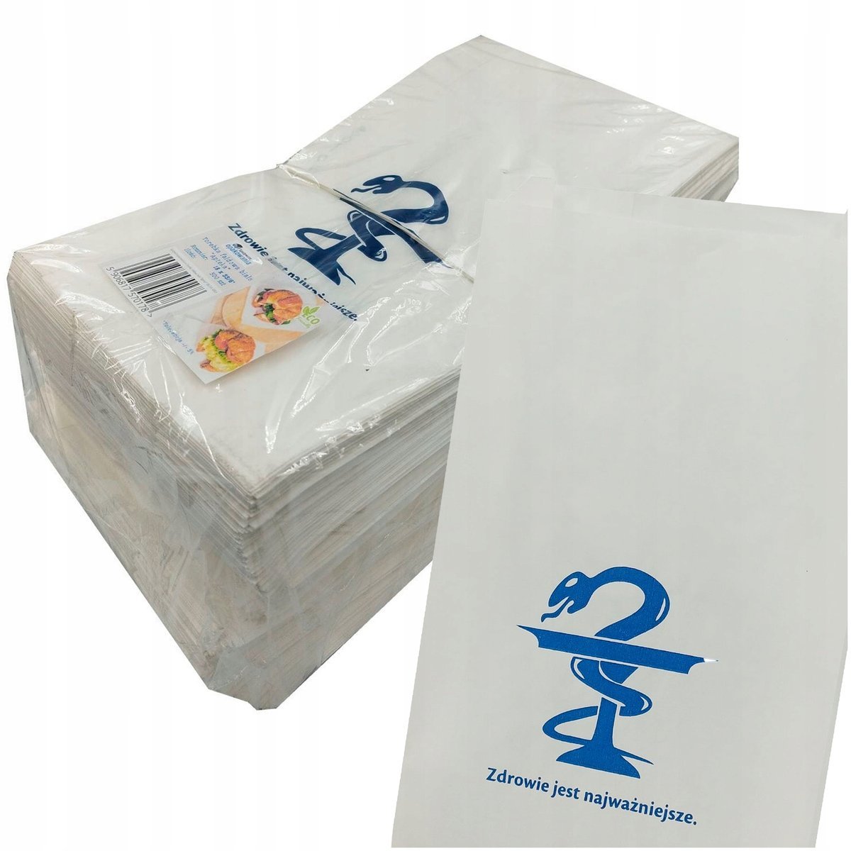 Torba papierowa torebka eko z nadrukiem Apteka 18x33 cm 500 sztuk białe torby papierowe do leków suplementów wyrobów medycznych kosmetyków opatrunkó..