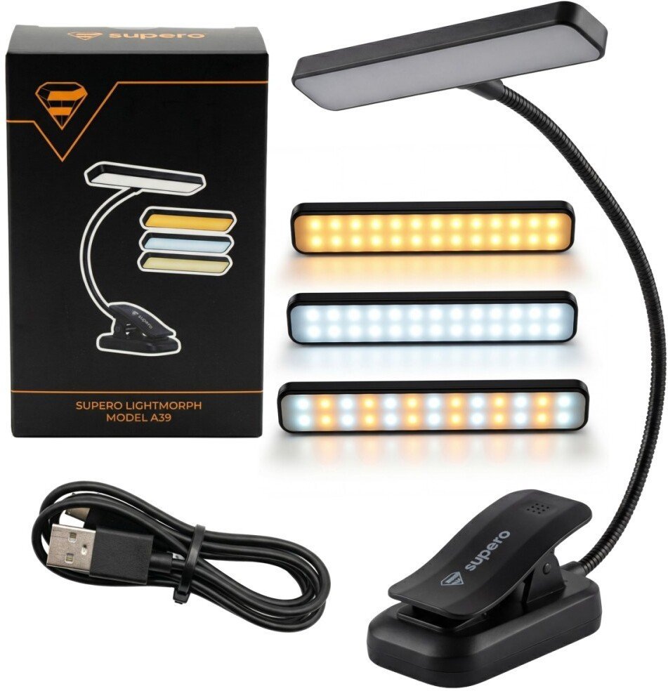 Lampka biurkowa SUPERO Lampka do czytania książek Supero LED elastyczna nocna z klipsem bezprzewodowa USB