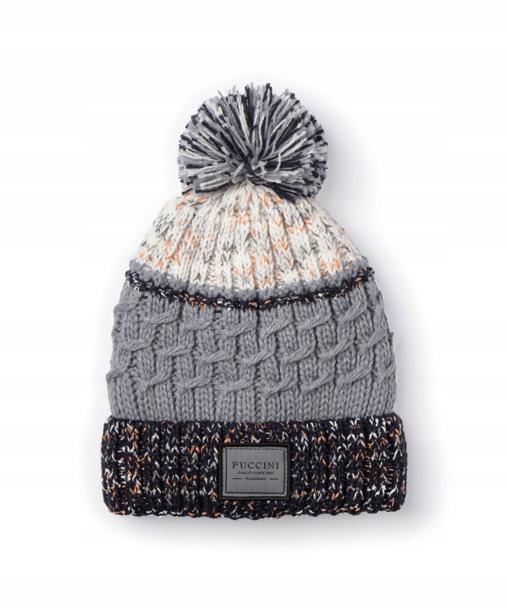 Czapka Zimowa Damska z Pomponem PUCCINI Splot Warkoczowy Szara CZ2414-4