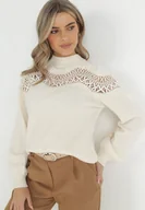 Swetry damskie - Jasnobeżowy Sweter Dzianinowy z Koronką Amaleth - miniaturka - grafika 1