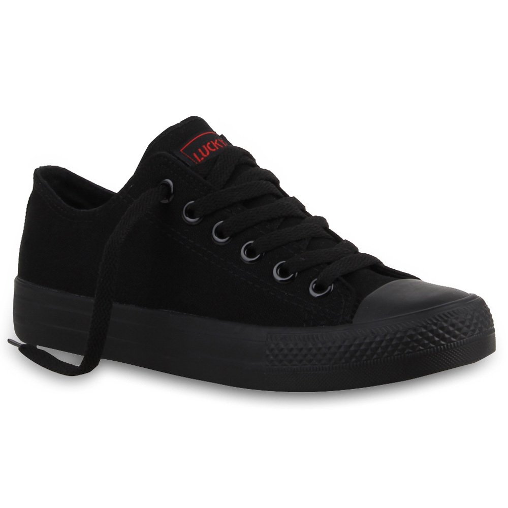 Mytrendshoe Damskie Trampki Niskie Płócienne Buty Casualowe Sznurowane Buty Sportowe 94237, Kolor: Czarny Czarny Lucky, Rozmiar: 40