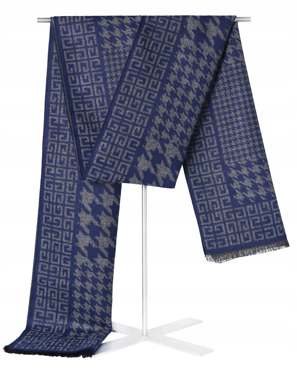 Szal Szalik Męski Ciepły Zimowy Granatowo - Szary W Pepitkę