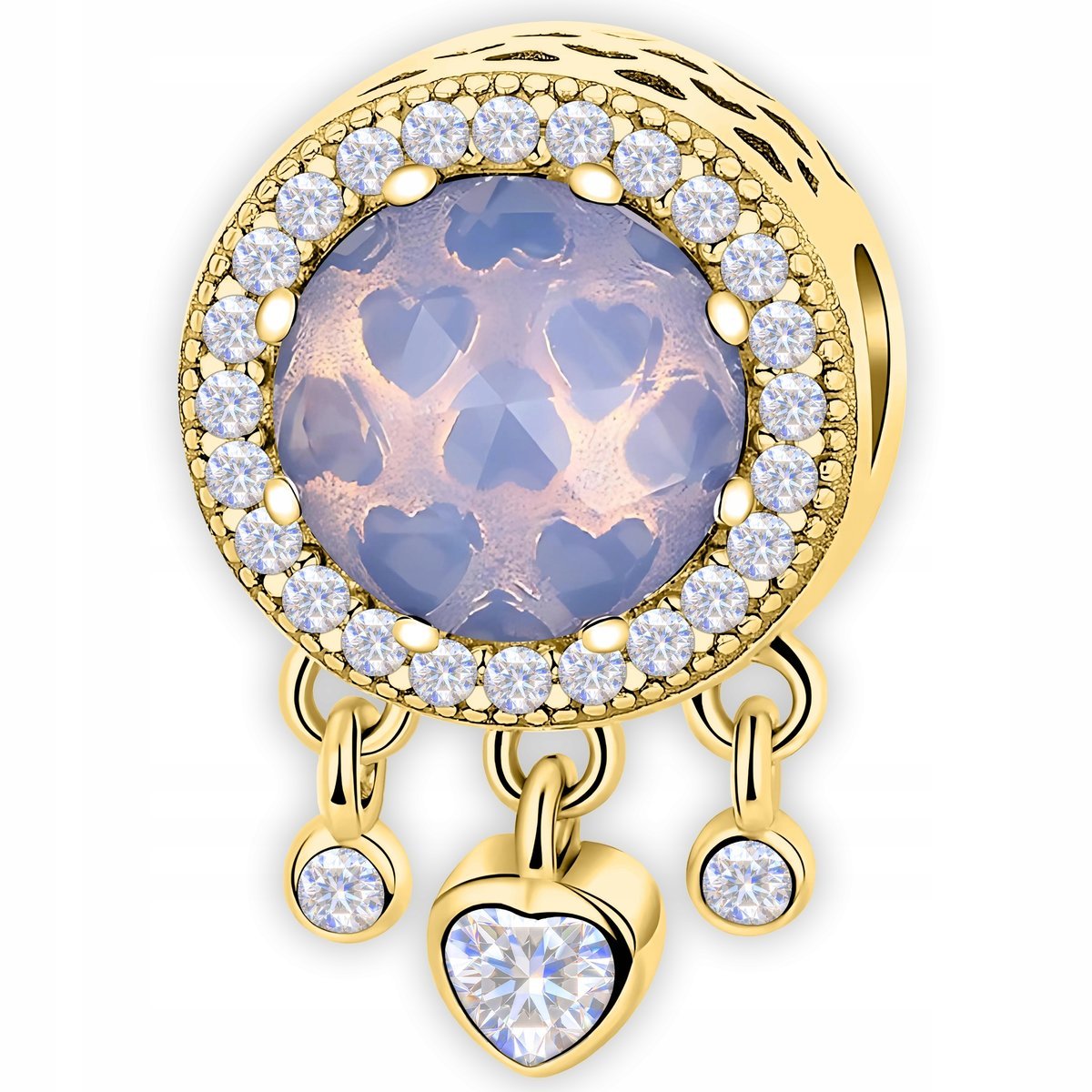 Złoty Charms Okrągły Koralik Różowe Serca z Cyrkoniami SREBRO 925