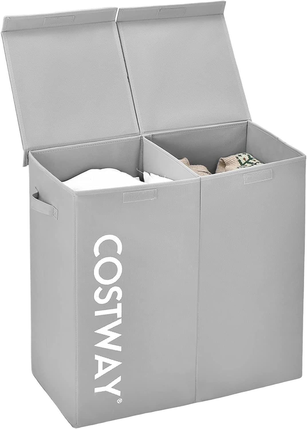 COSTWAY 115L kosz na pranie z pokrywą, pojemnik na pranie z 2 przegrodami, pojemnik na pranie z włókniny z uchwytami, 62 x 31 x 60 cm (szary)