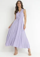 Sukienki - Fioletowa Wiskozowa Sukienka Maxi z Gumką w Pasie i Ozdobnym Dekoltem Nashira - miniaturka - grafika 1